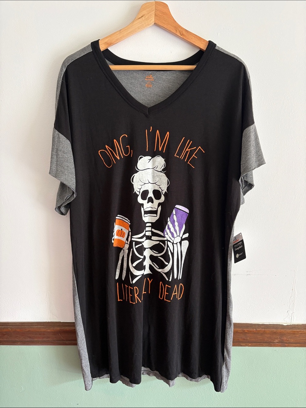 Graphic V-Neck Sleep Shirt - Black & Gray OMG I’m Like Literally Dead